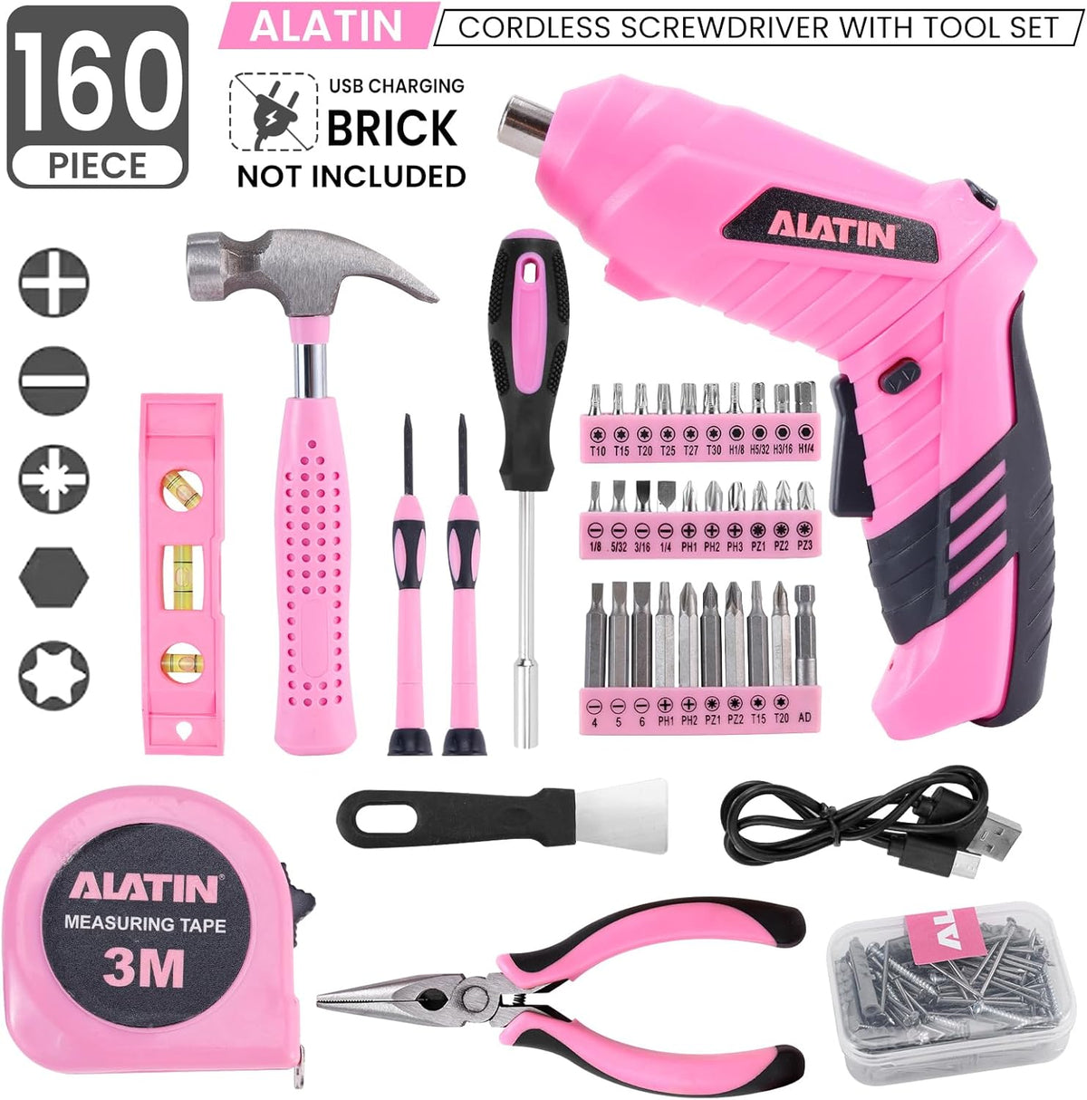 Pink Tool Set for Women, 136 PCS Household Tool Kit with 3.6V USB Electric Screwdriver, Cordless Lithium-ion Drill Driver, Home Improvement Hand Tools for DIY Projects