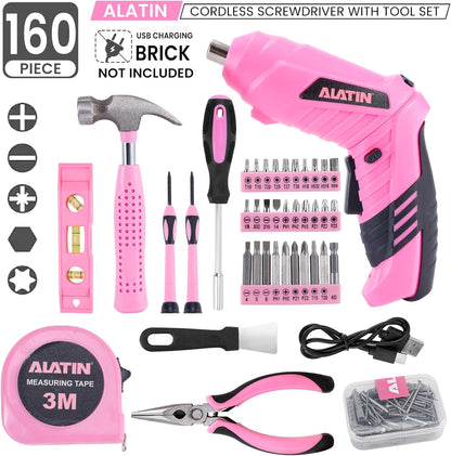 Pink Tool Set for Women, 136 PCS Household Tool Kit with 3.6V USB Electric Screwdriver, Cordless Lithium-ion Drill Driver, Home Improvement Hand Tools for DIY Projects