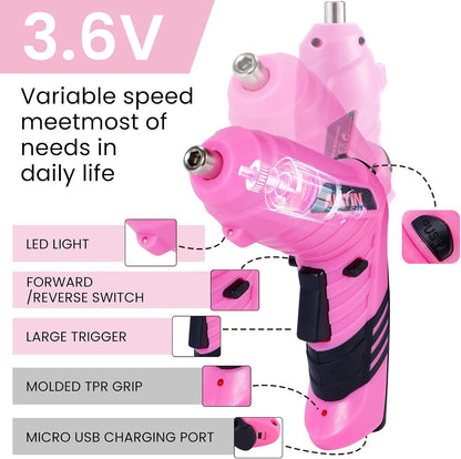 Pink Tool Set for Women, 136 PCS Household Tool Kit with 3.6V USB Electric Screwdriver, Cordless Lithium-ion Drill Driver, Home Improvement Hand Tools for DIY Projects
