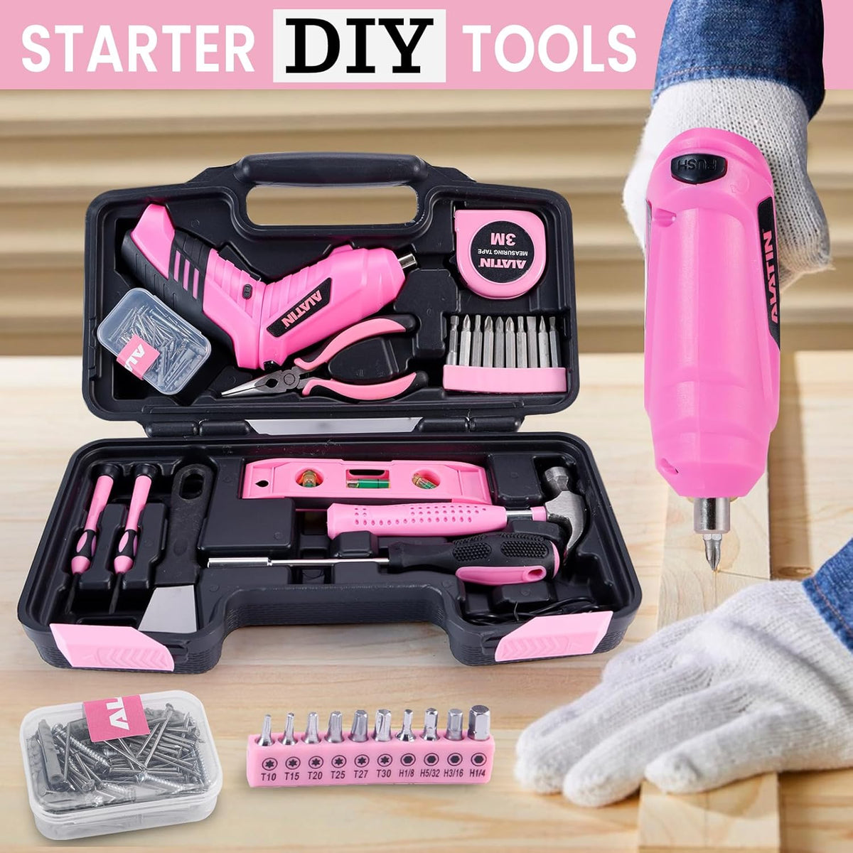 Pink Tool Set for Women, 136 PCS Household Tool Kit with 3.6V USB Electric Screwdriver, Cordless Lithium-ion Drill Driver, Home Improvement Hand Tools for DIY Projects