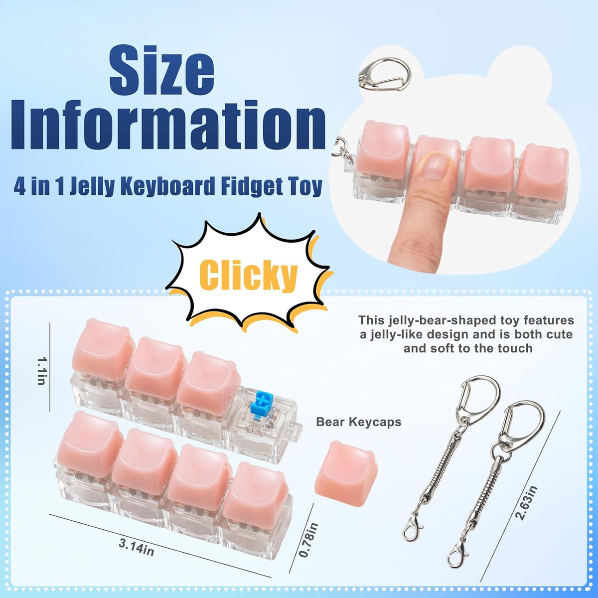 2 PCS Pink Keyboard Fidget Toy for Adult, 4 Key Clicky Keychain ASMR Toy