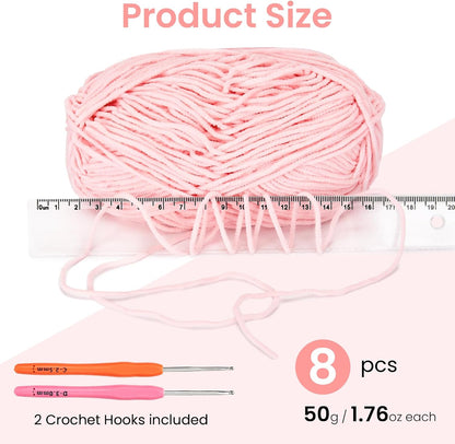 8Pack of 50g/1.76oz Chenille Yarn for Crocheting, Fluffy Soft Velvet Amigurumi Yarns, Skinny Baby Yarn for Beginners Knitting/Crochet Blankets Plush Toys Wearables DIY Craft (Pink)