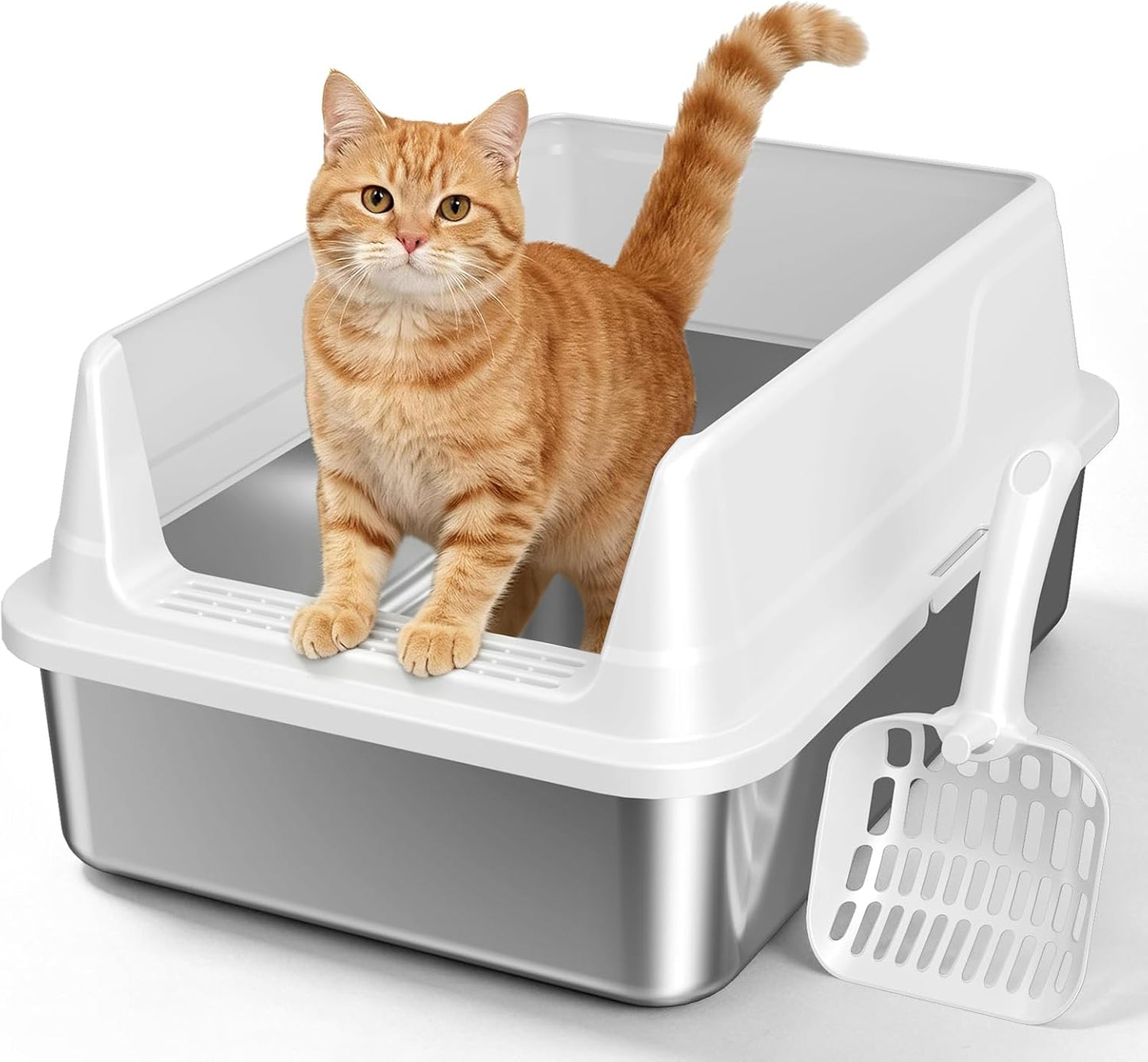 Stainless Steel Cat Litter Box, Metal Litter Box with High Sides & Lid, Open Top Low Entry Litter Pan Including Scoop, Non-Stick Easy Clean Anti-Scratch Kitty Cat Box for Indoor Cats, High Wall