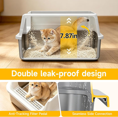 Stainless Steel Cat Litter Box, Metal Litter Box with High Sides & Lid, Open Top Low Entry Litter Pan Including Scoop, Non-Stick Easy Clean Anti-Scratch Kitty Cat Box for Indoor Cats, High Wall