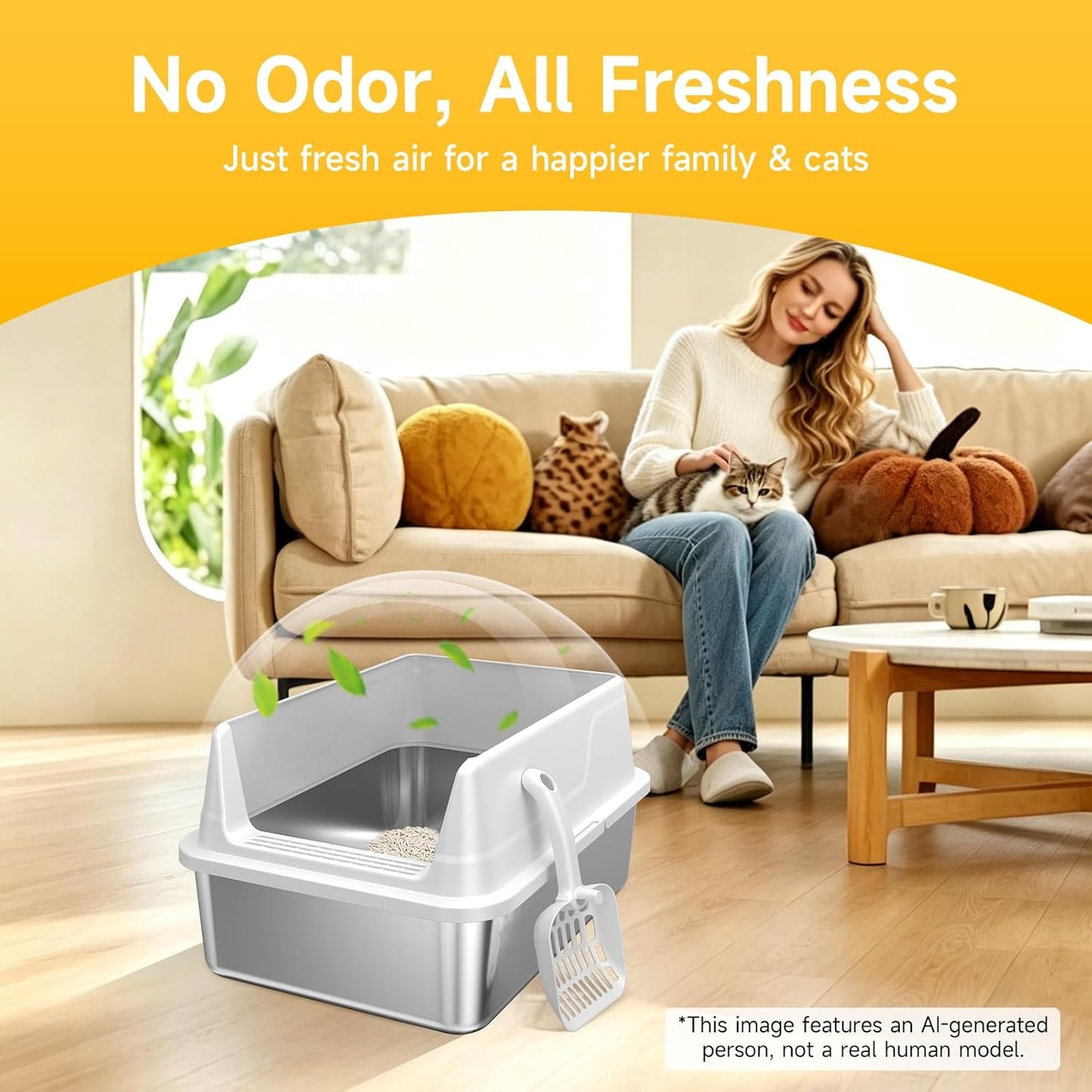 Stainless Steel Cat Litter Box, Metal Litter Box with High Sides & Lid, Open Top Low Entry Litter Pan Including Scoop, Non-Stick Easy Clean Anti-Scratch Kitty Cat Box for Indoor Cats, High Wall