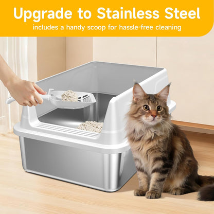 Stainless Steel Cat Litter Box, Metal Litter Box with High Sides & Lid, Open Top Low Entry Litter Pan Including Scoop, Non-Stick Easy Clean Anti-Scratch Kitty Cat Box for Indoor Cats, High Wall