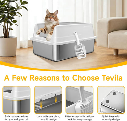 Stainless Steel Cat Litter Box, Metal Litter Box with High Sides & Lid, Open Top Low Entry Litter Pan Including Scoop, Non-Stick Easy Clean Anti-Scratch Kitty Cat Box for Indoor Cats, High Wall