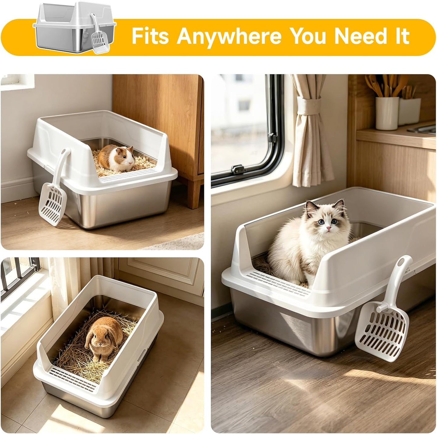Stainless Steel Cat Litter Box, Metal Litter Box with High Sides & Lid, Open Top Low Entry Litter Pan Including Scoop, Non-Stick Easy Clean Anti-Scratch Kitty Cat Box for Indoor Cats, High Wall