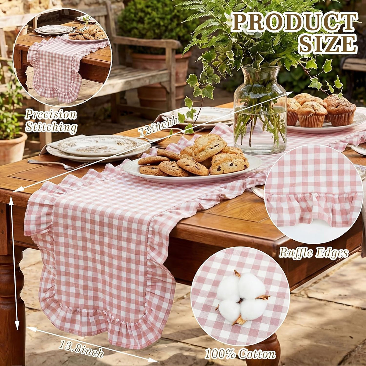 1 Pc Gingham Table Runner Light Pink, 72 X 13.8 Inch