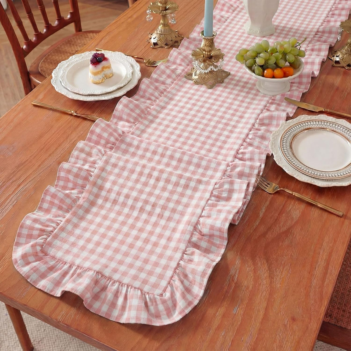 1 Pc Gingham Table Runner Light Pink, 72 X 13.8 Inch