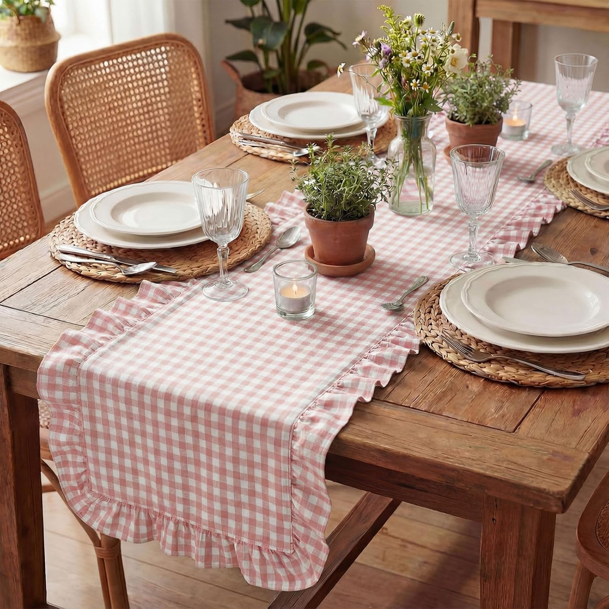 1 Pc Gingham Table Runner Light Pink, 72 X 13.8 Inch