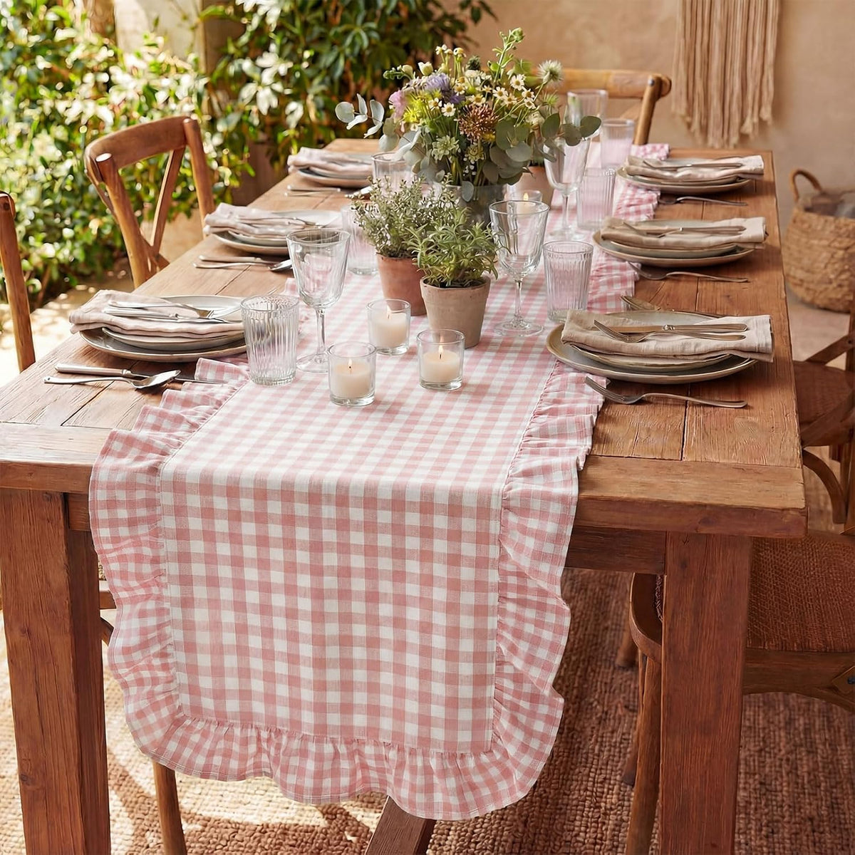 1 Pc Gingham Table Runner Light Pink, 72 X 13.8 Inch