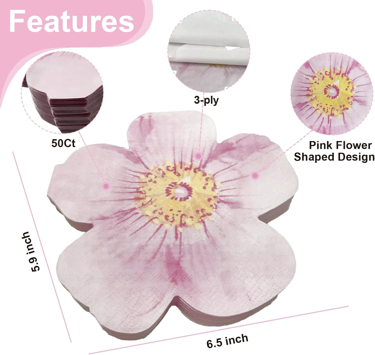 50ct 3-Ply Pink Wedding Paper Napkins – Pink Flower Shaped Party Napkins Perfect for Birthday, Bridal Shower, Bachelorette,Wedding, or Party Decorations, Disposable Cocktail Napkins