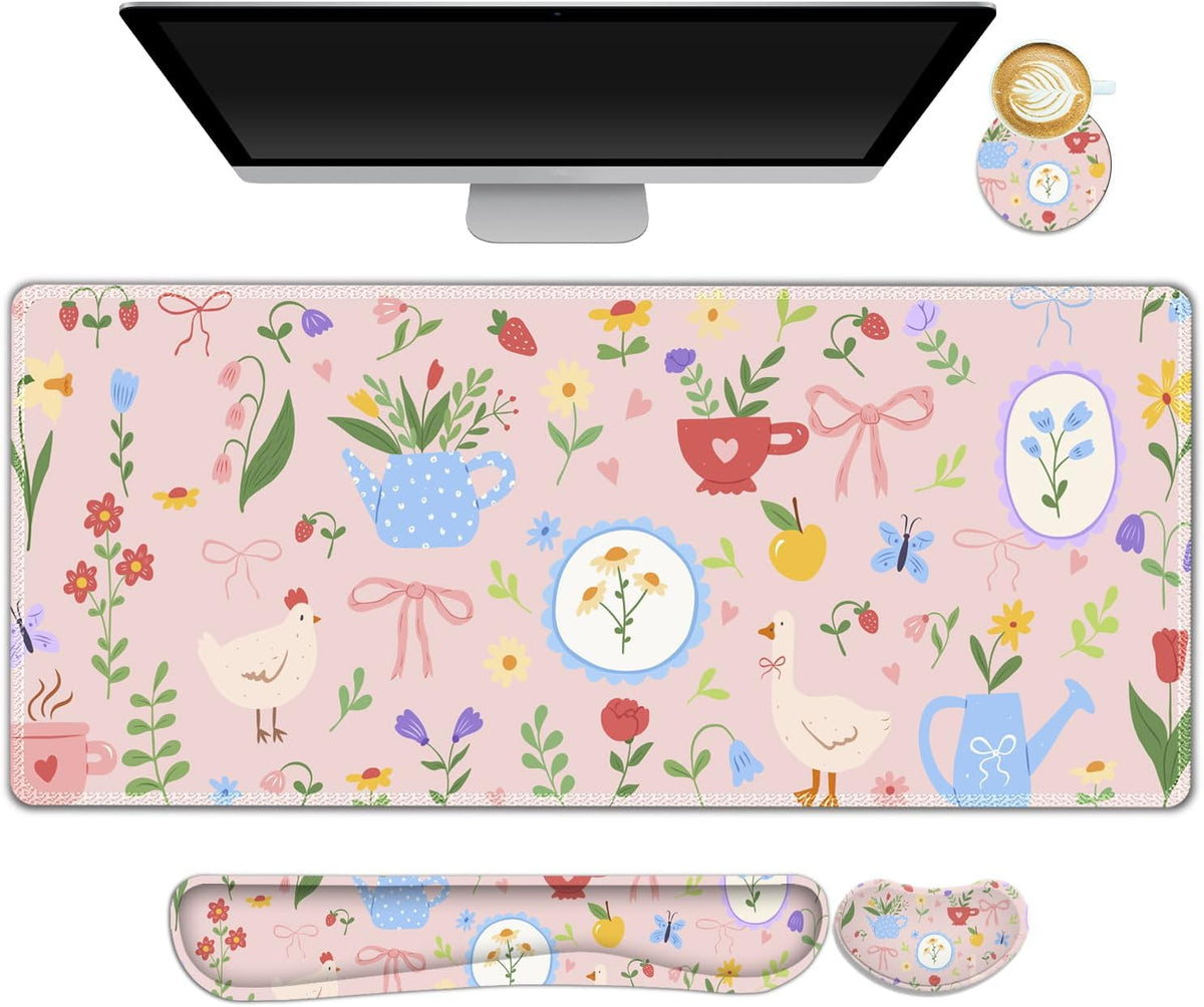 Large Gaming Mouse Pad Set, Adorable Style 4 in1 Ergonomics Keyboard Desk Mat with Memory Foam Wrist Rest, Extended Game Mousepad, Non-Slip Desk Pad Matt Easy Typing Pain Relief I Pink Girly