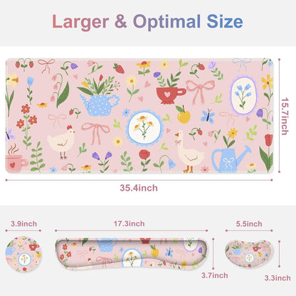 Large Gaming Mouse Pad Set, Adorable Style 4 in1 Ergonomics Keyboard Desk Mat with Memory Foam Wrist Rest, Extended Game Mousepad, Non-Slip Desk Pad Matt Easy Typing Pain Relief I Pink Girly