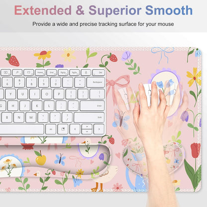 Large Gaming Mouse Pad Set, Adorable Style 4 in1 Ergonomics Keyboard Desk Mat with Memory Foam Wrist Rest, Extended Game Mousepad, Non-Slip Desk Pad Matt Easy Typing Pain Relief I Pink Girly