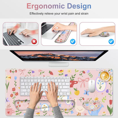 Large Gaming Mouse Pad Set, Adorable Style 4 in1 Ergonomics Keyboard Desk Mat with Memory Foam Wrist Rest, Extended Game Mousepad, Non-Slip Desk Pad Matt Easy Typing Pain Relief I Pink Girly