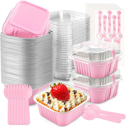 Mini Cake Pans with Lids, 50 Pack Pink 5oz for Picnic Desserts