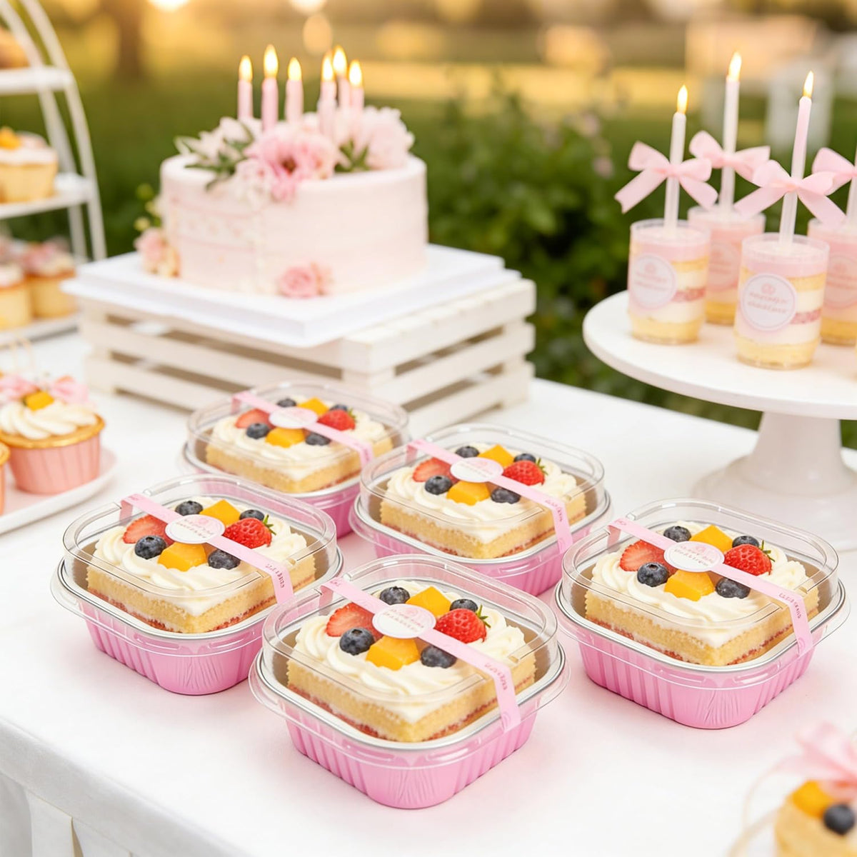 Mini Cake Pans with Lids, 50 Pack Pink 5oz for Picnic Desserts