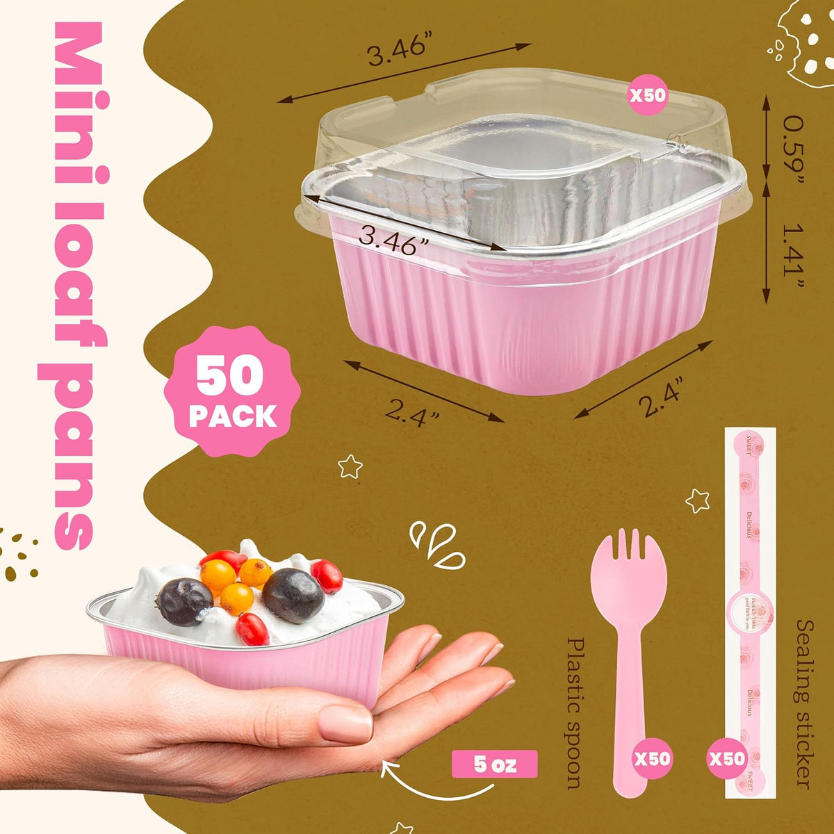 Mini Cake Pans with Lids, 50 Pack Pink 5oz for Picnic Desserts