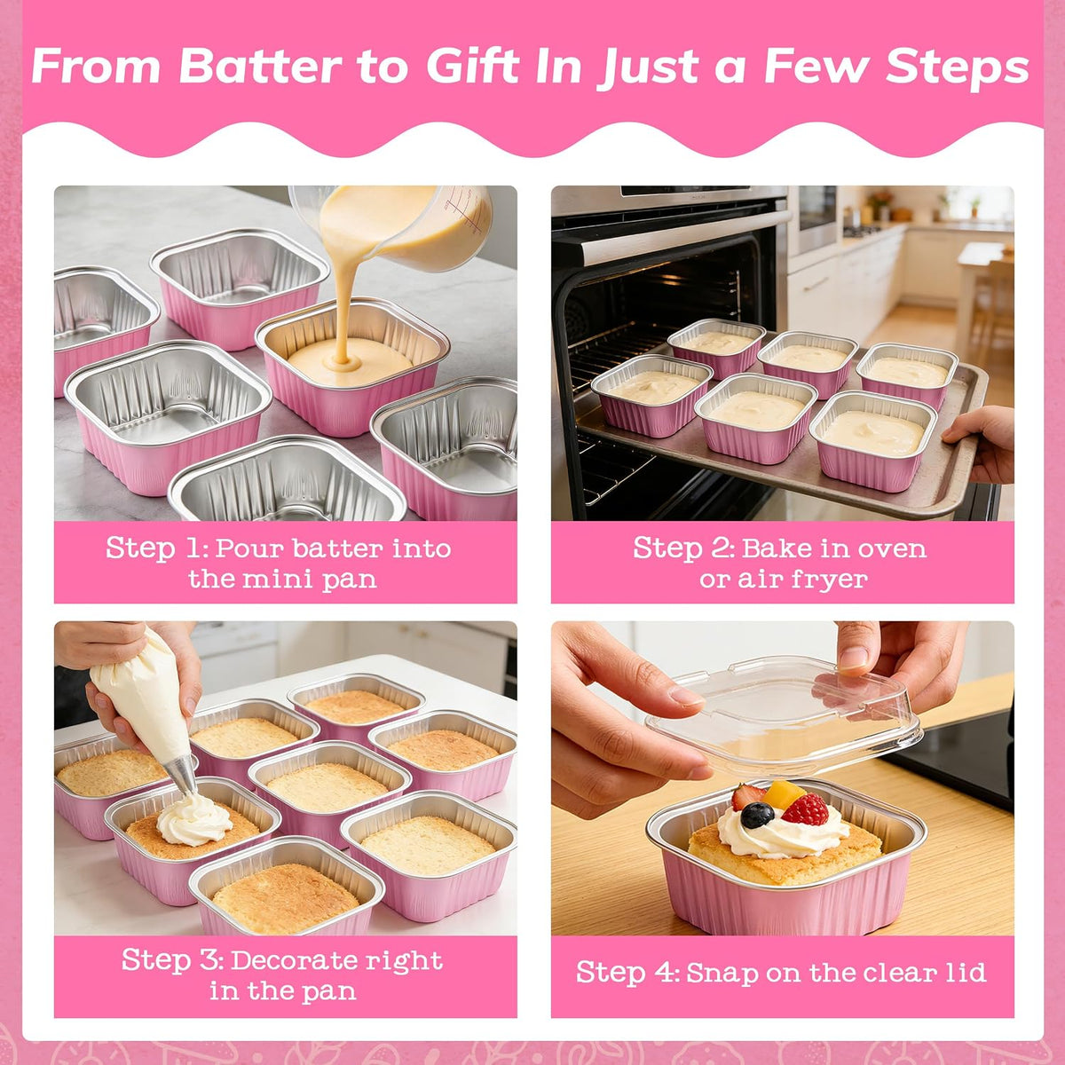 Mini Cake Pans with Lids, 50 Pack Pink 5oz for Picnic Desserts