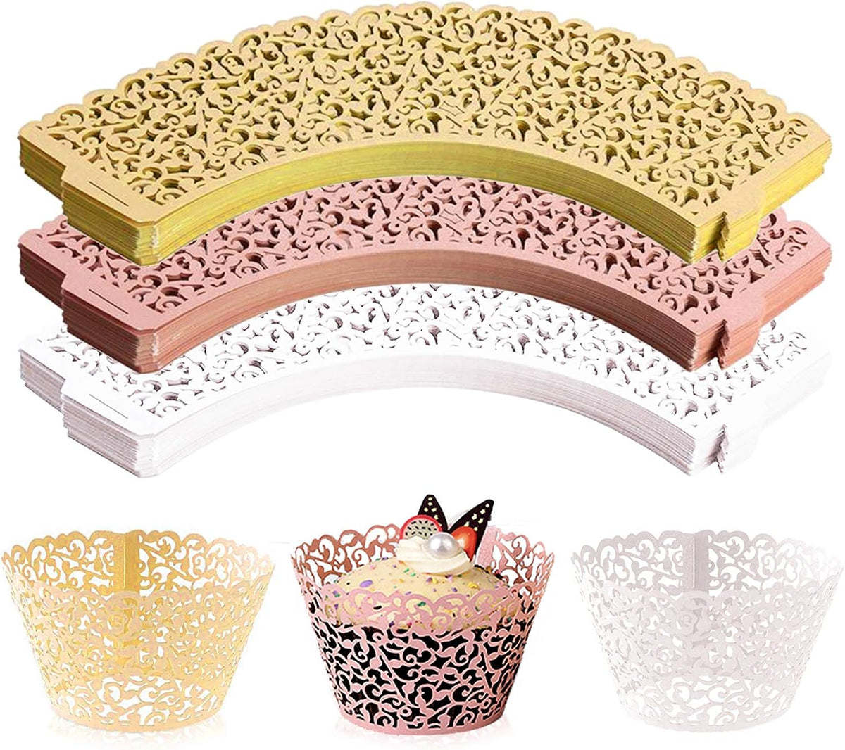 150 Pack Cupcake Wrappers, Little Vine Lace Laser Cut Liner, Paper Baking Cups for Wedding Party Birthday Baby Showers Decoration (Gold, White, Pink)