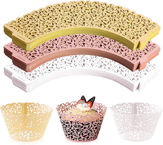 150 Pack Cupcake Wrappers, Little Vine Lace Laser Cut Liner, Paper Baking Cups for Wedding Party Birthday Baby Showers Decoration (Gold, White, Pink)