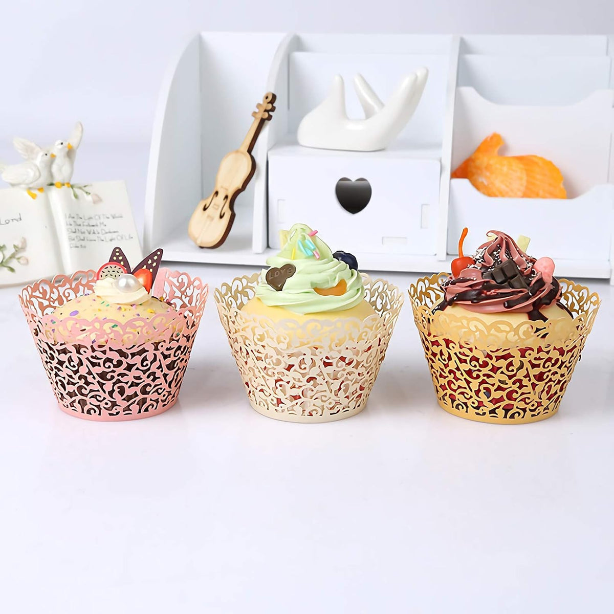 150 Pack Cupcake Wrappers, Little Vine Lace Laser Cut Liner, Paper Baking Cups for Wedding Party Birthday Baby Showers Decoration (Gold, White, Pink)