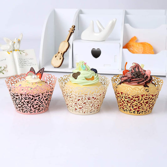 150 Pack Cupcake Wrappers, Little Vine Lace Laser Cut Liner, Paper Baking Cups for Wedding Party Birthday Baby Showers Decoration (Gold, White, Pink)