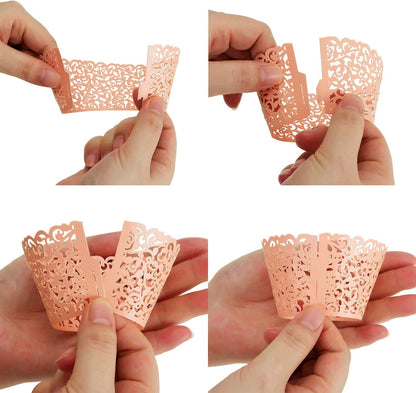 150 Pack Cupcake Wrappers, Little Vine Lace Laser Cut Liner, Paper Baking Cups for Wedding Party Birthday Baby Showers Decoration (Gold, White, Pink)