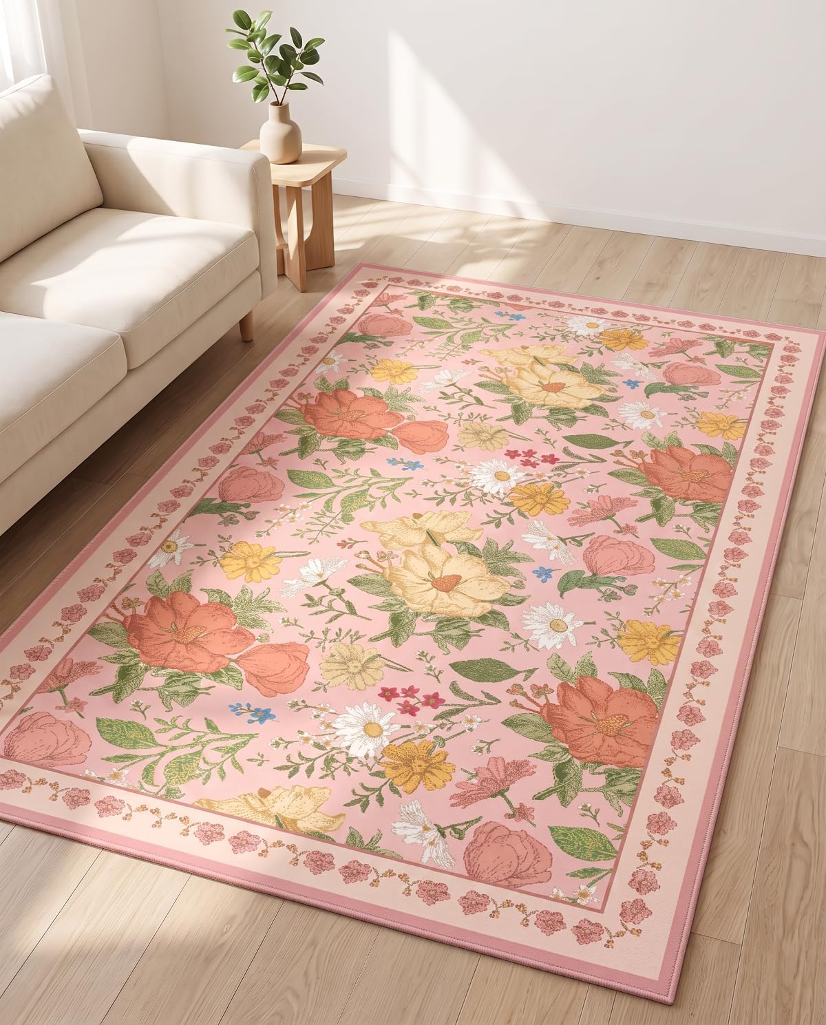 3x5 Pink Area Rug Soft Machine Washable Boho Floral Area Rug with Non-Slip Backing Low Pile Throw Rugs for Entryway, Living Room, Kitchen, Kis Room, Office, Bedroom, Dorm Decoration Mat Carpet