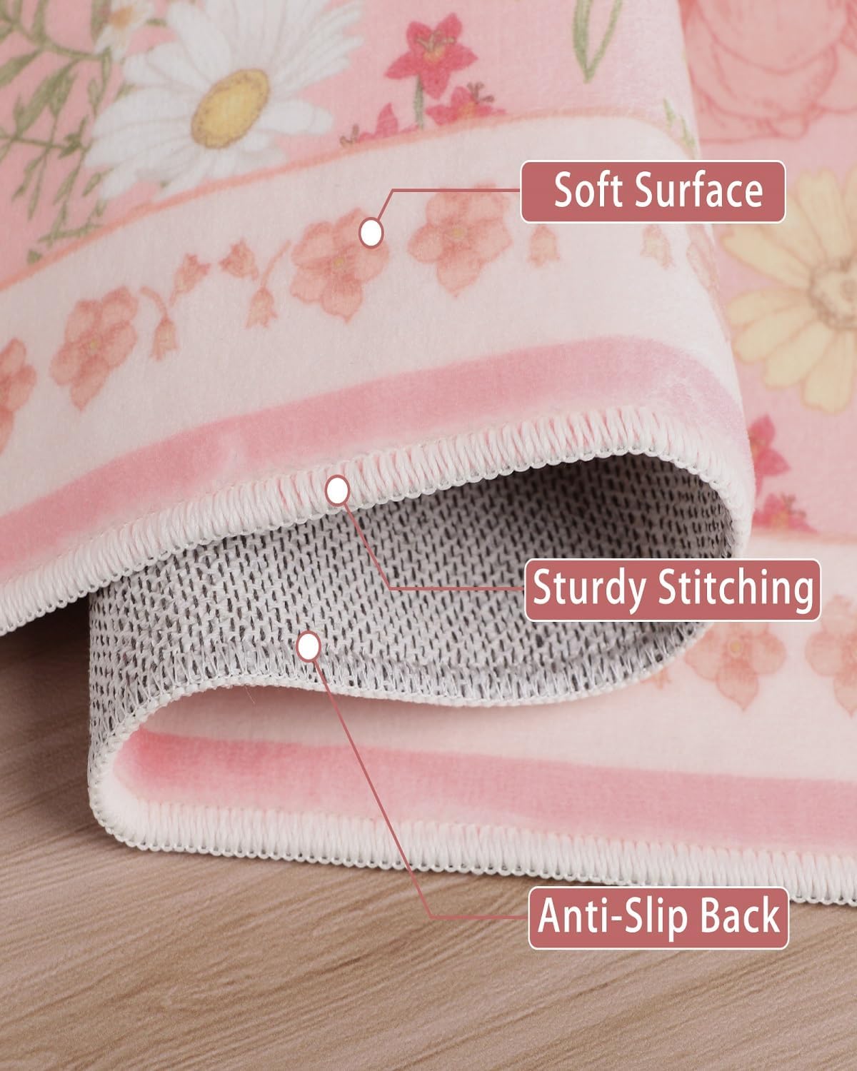 3x5 Pink Area Rug Soft Machine Washable Boho Floral Area Rug with Non-Slip Backing Low Pile Throw Rugs for Entryway, Living Room, Kitchen, Kis Room, Office, Bedroom, Dorm Decoration Mat Carpet