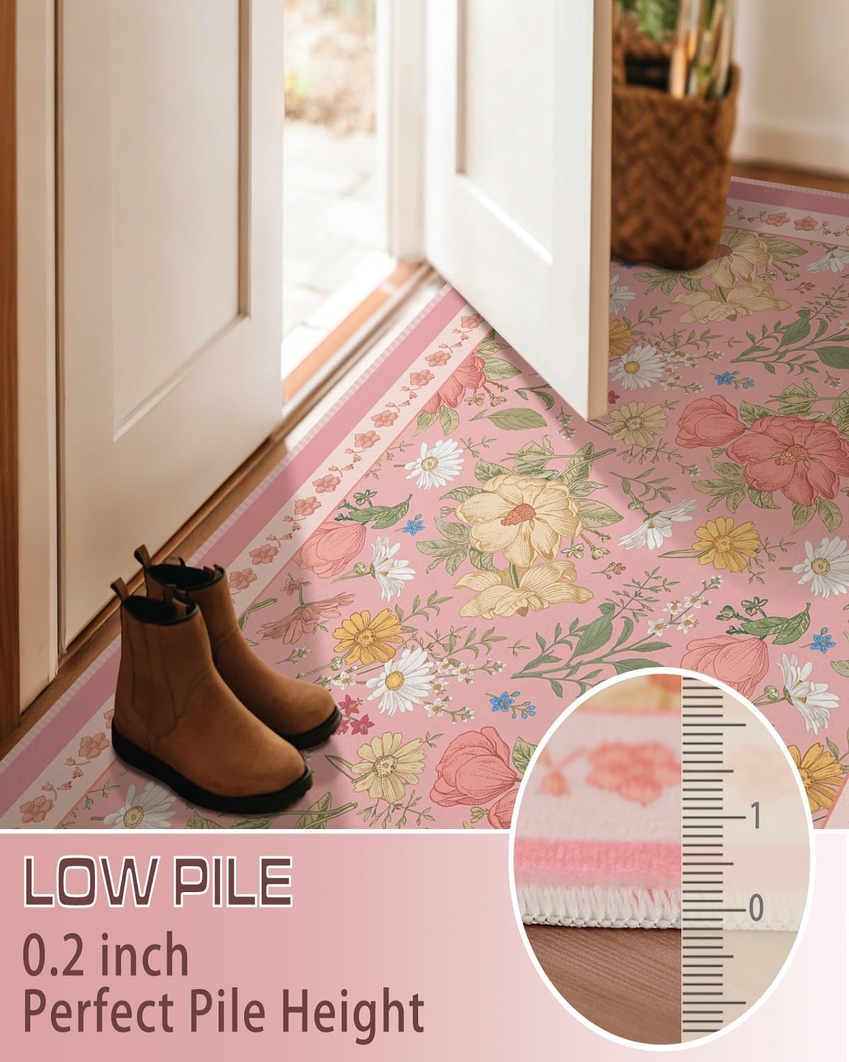 3x5 Pink Area Rug Soft Machine Washable Boho Floral Area Rug with Non-Slip Backing Low Pile Throw Rugs for Entryway, Living Room, Kitchen, Kis Room, Office, Bedroom, Dorm Decoration Mat Carpet