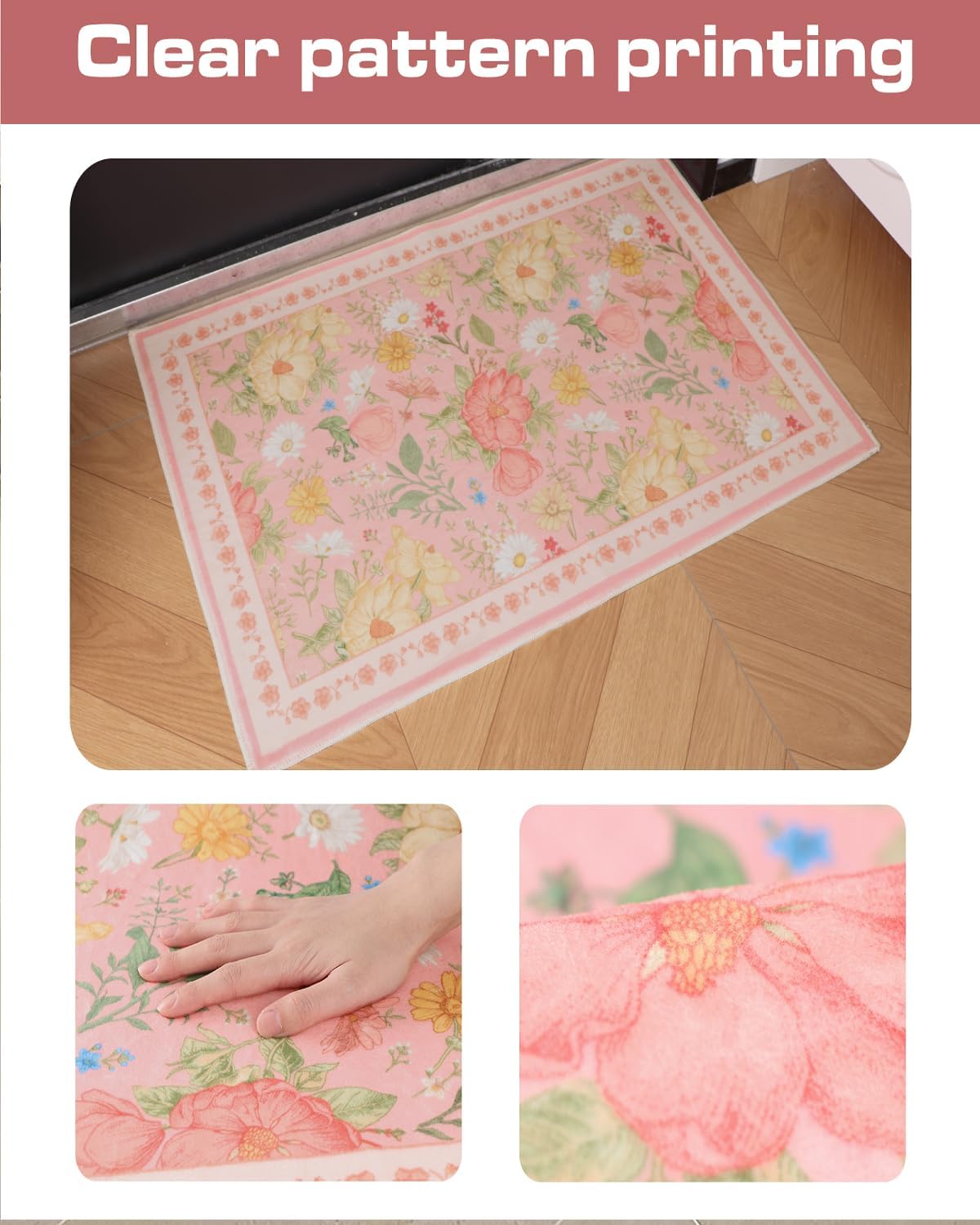 3x5 Pink Area Rug Soft Machine Washable Boho Floral Area Rug with Non-Slip Backing Low Pile Throw Rugs for Entryway, Living Room, Kitchen, Kis Room, Office, Bedroom, Dorm Decoration Mat Carpet