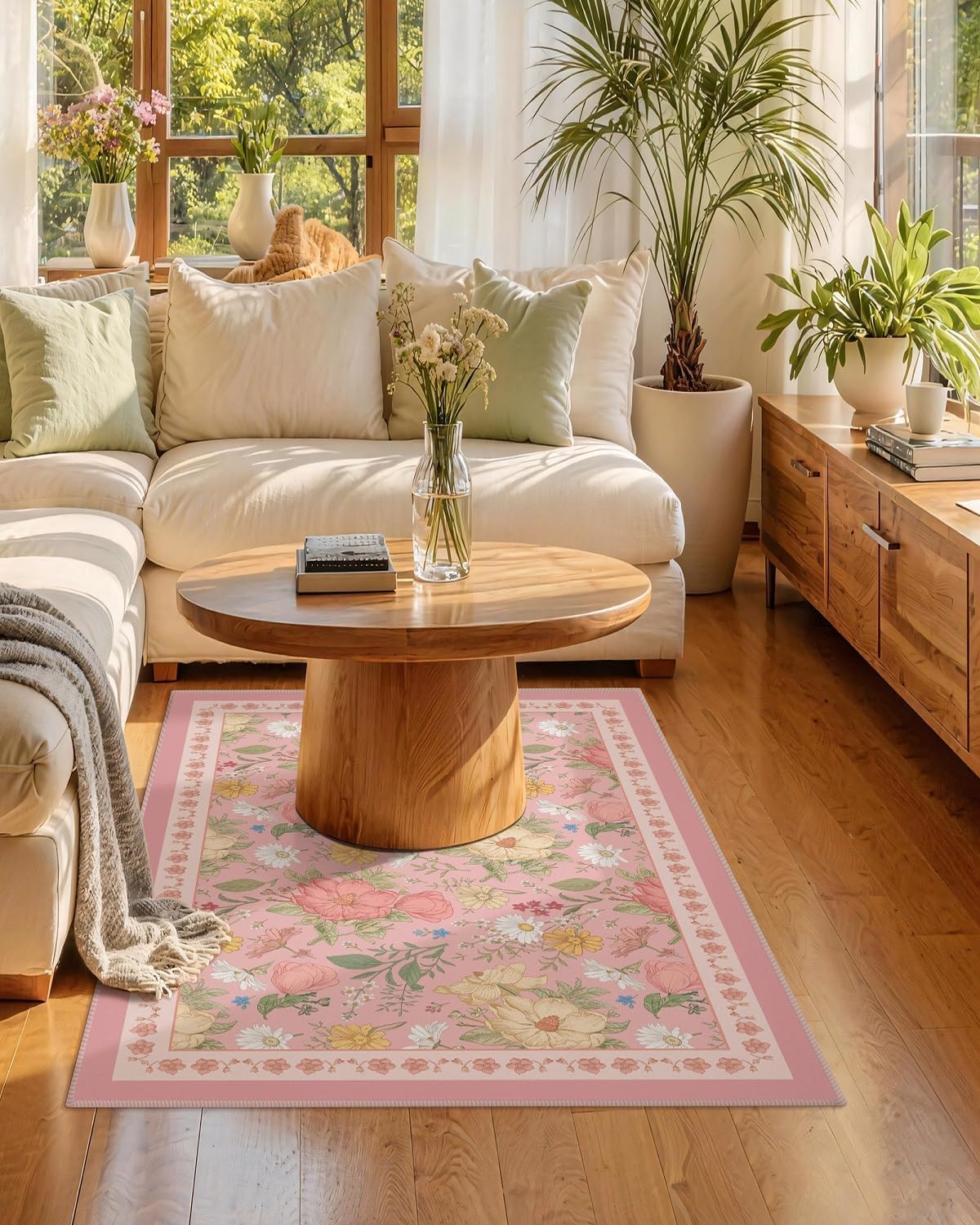 3x5 Pink Area Rug Soft Machine Washable Boho Floral Area Rug with Non-Slip Backing Low Pile Throw Rugs for Entryway, Living Room, Kitchen, Kis Room, Office, Bedroom, Dorm Decoration Mat Carpet