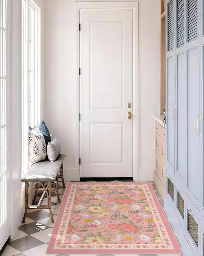 3x5 Pink Area Rug Soft Machine Washable Boho Floral Area Rug with Non-Slip Backing Low Pile Throw Rugs for Entryway, Living Room, Kitchen, Kis Room, Office, Bedroom, Dorm Decoration Mat Carpet