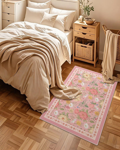 3x5 Pink Area Rug Soft Machine Washable Boho Floral Area Rug with Non-Slip Backing Low Pile Throw Rugs for Entryway, Living Room, Kitchen, Kis Room, Office, Bedroom, Dorm Decoration Mat Carpet