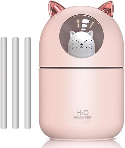 Portable Small Humidifier, 300ml Mini Cool Mist Humidifier with Night Light, USB Personal Humidifier Auto Shut-Off, Ultra-Quiet, 2 Spray Modes, Suitable for Home Office Travel (Pink)