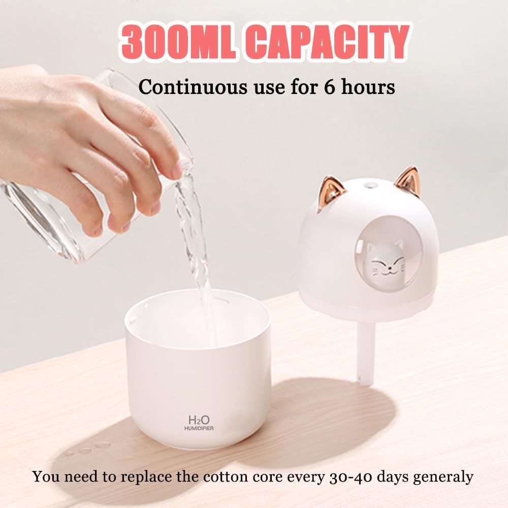 Portable Small Humidifier, 300ml Mini Cool Mist Humidifier with Night Light, USB Personal Humidifier Auto Shut-Off, Ultra-Quiet, 2 Spray Modes, Suitable for Home Office Travel (Pink)