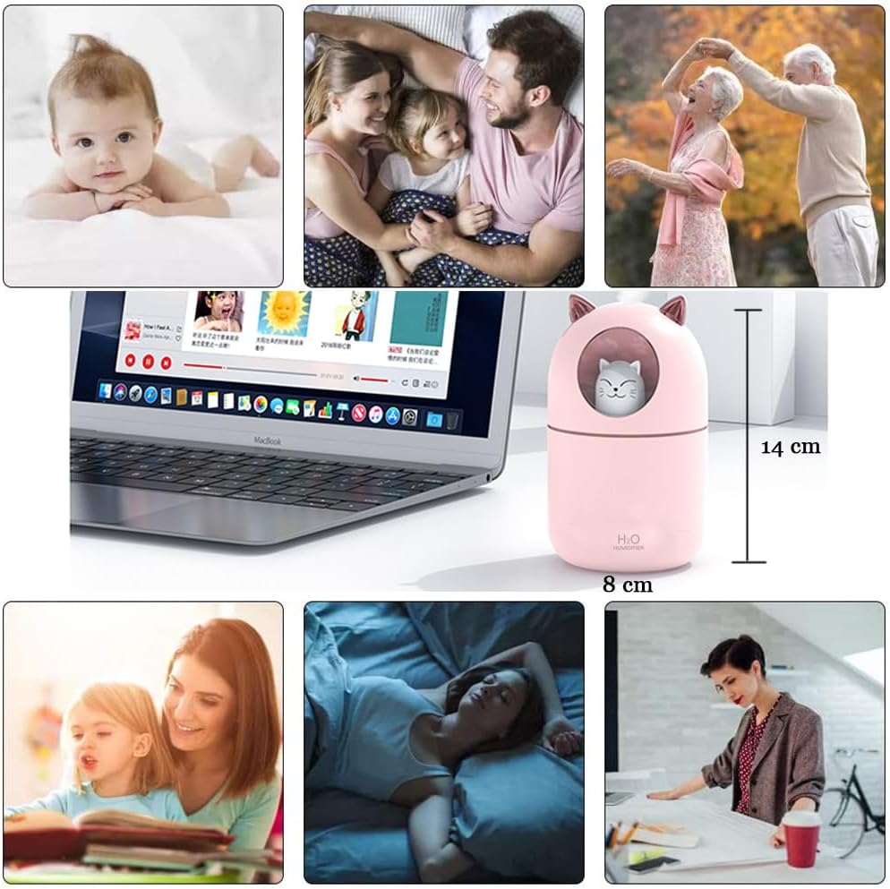 Portable Small Humidifier, 300ml Mini Cool Mist Humidifier with Night Light, USB Personal Humidifier Auto Shut-Off, Ultra-Quiet, 2 Spray Modes, Suitable for Home Office Travel (Pink)