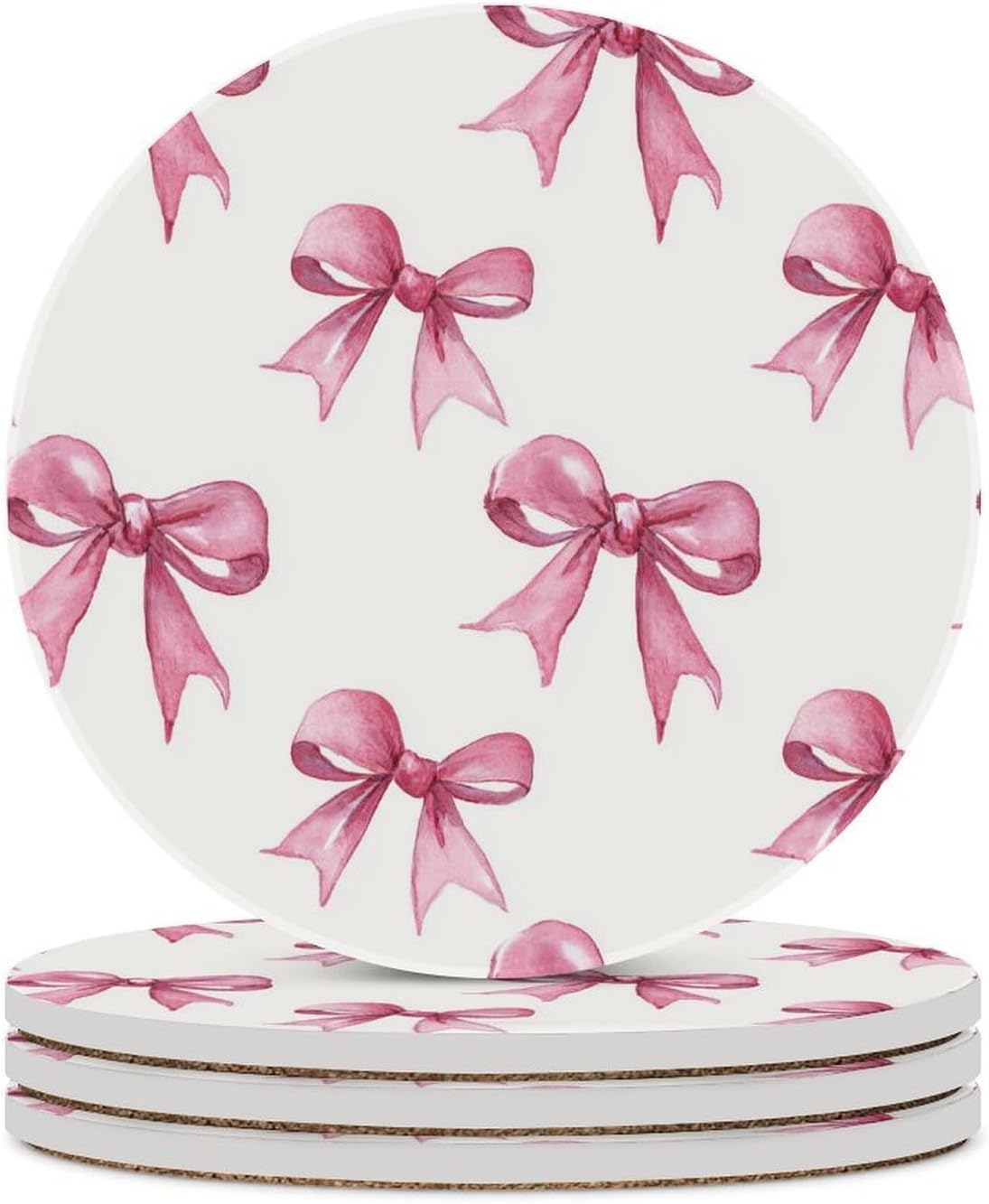 Light Pink Ribbon Bow Coquettish Watercolor Coasters Set of 4 Absorbent Coasters