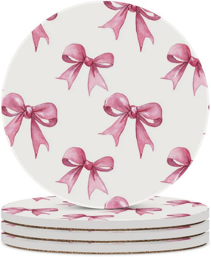 Light Pink Ribbon Bow Coquettish Watercolor Coasters Set of 4 Absorbent Coasters