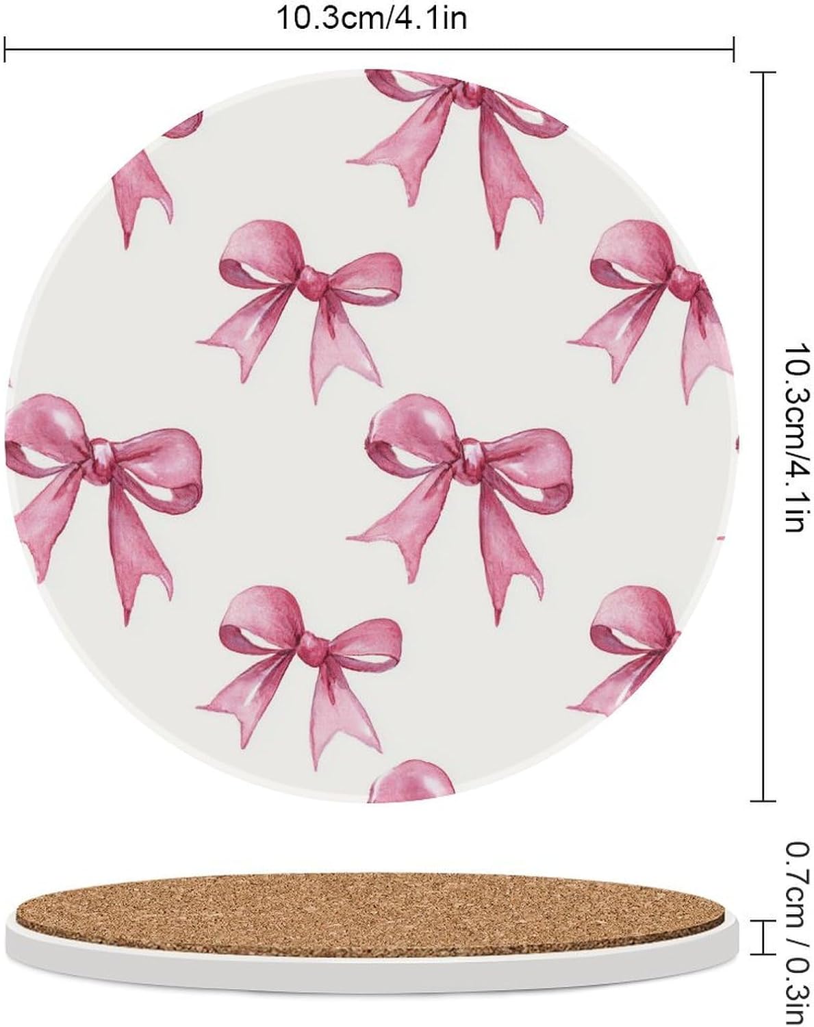 Light Pink Ribbon Bow Coquettish Watercolor Coasters Set of 4 Absorbent Coasters