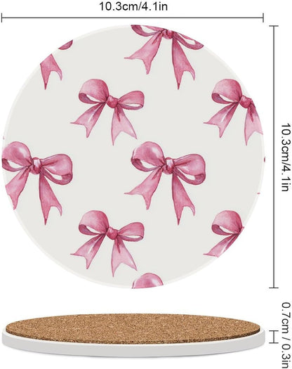 Light Pink Ribbon Bow Coquettish Watercolor Coasters Set of 4 Absorbent Coasters
