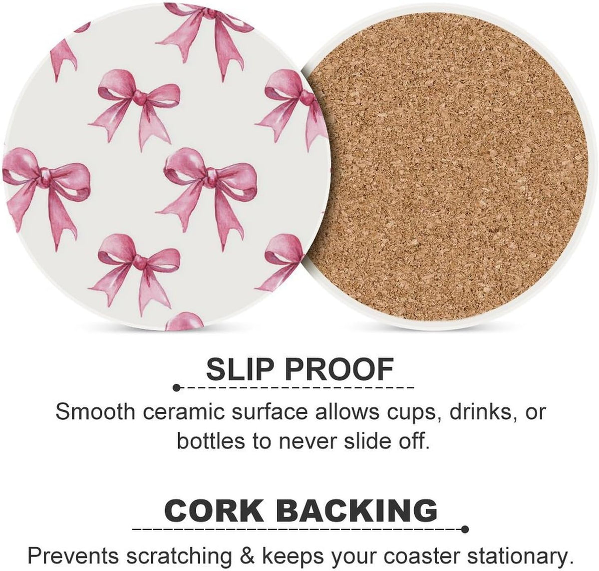 Light Pink Ribbon Bow Coquettish Watercolor Coasters Set of 4 Absorbent Coasters