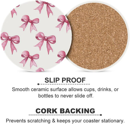 Light Pink Ribbon Bow Coquettish Watercolor Coasters Set of 4 Absorbent Coasters