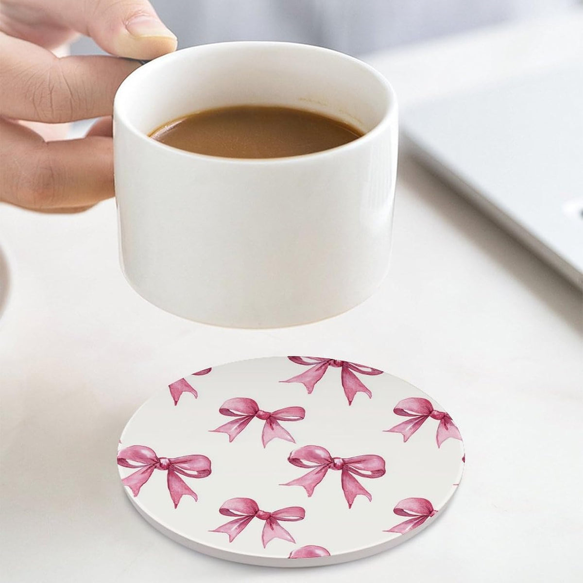 Light Pink Ribbon Bow Coquettish Watercolor Coasters Set of 4 Absorbent Coasters