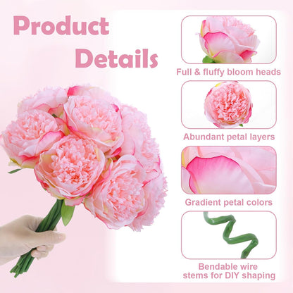 10PCS Deep Pink Realistic Silk Peonies Bouquet, Waterproof & UV Resistant Faux Peony Flowers, All-Weather Artificial Stems for Outdoor, Grave, Wedding Centerpiece & Home Decor