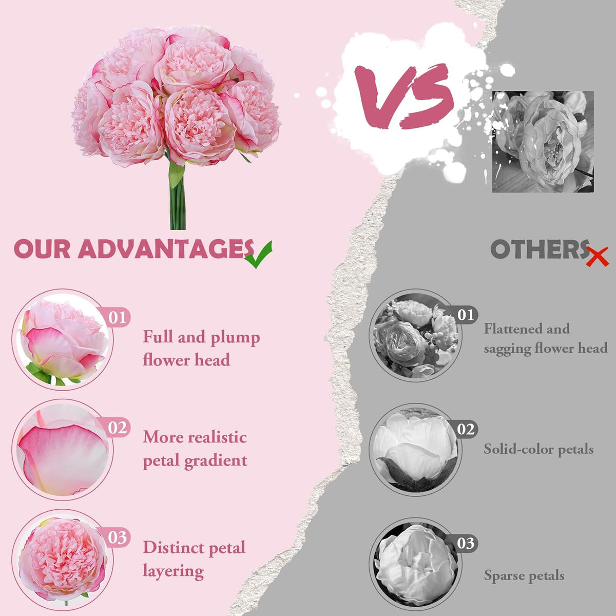 10PCS Deep Pink Realistic Silk Peonies Bouquet, Waterproof & UV Resistant Faux Peony Flowers, All-Weather Artificial Stems for Outdoor, Grave, Wedding Centerpiece & Home Decor