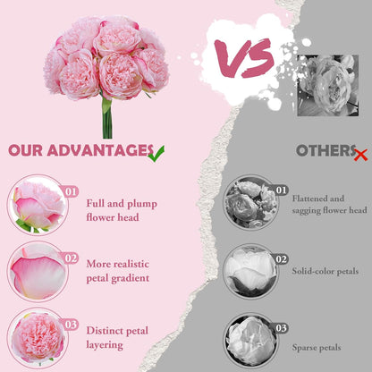 10PCS Deep Pink Realistic Silk Peonies Bouquet, Waterproof & UV Resistant Faux Peony Flowers, All-Weather Artificial Stems for Outdoor, Grave, Wedding Centerpiece & Home Decor